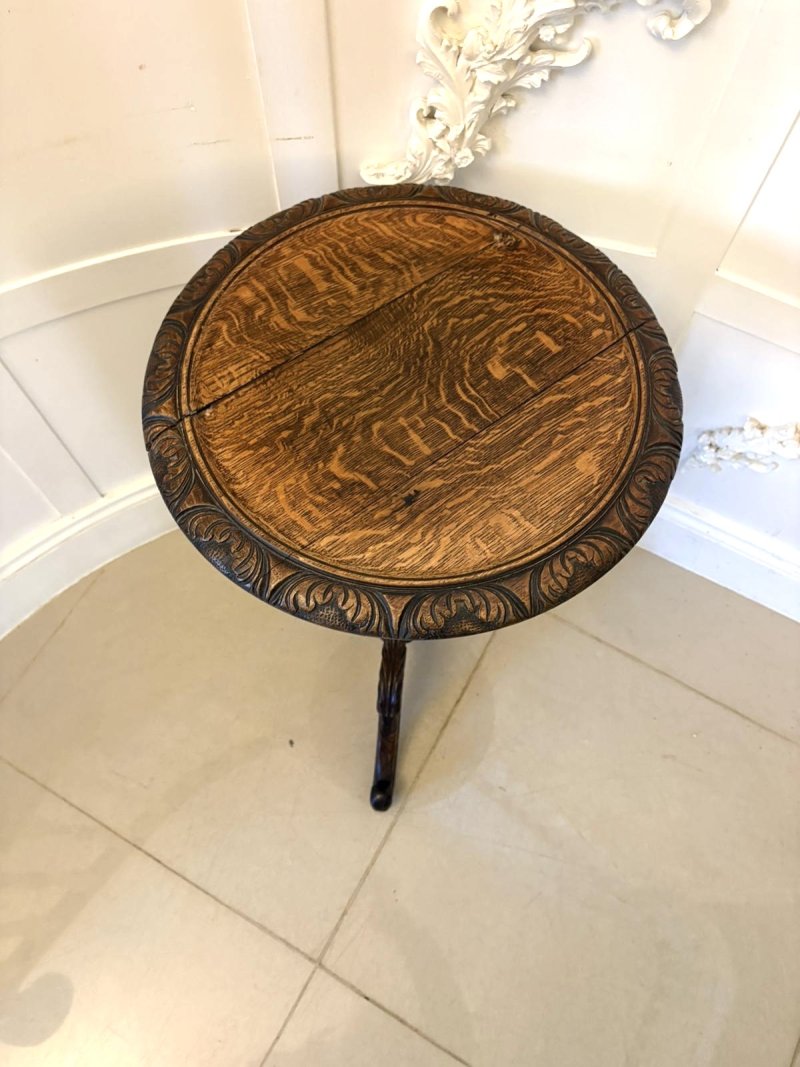 Antique Victorian Quality Carved Oak Tripod / Lamp Table